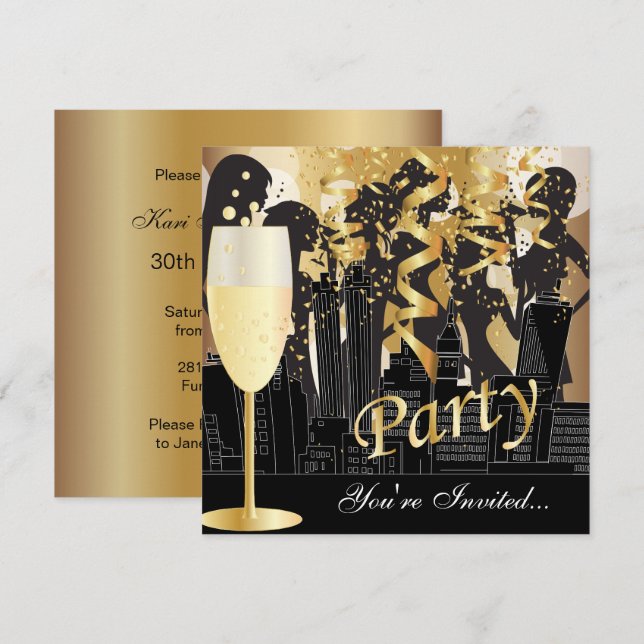 Convites Festa de Aniversário Girls Night Out | Dourado Met (Frente/Verso)