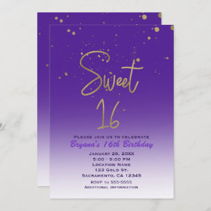 Convites Festa de aniversário Glam moderna roxa & Dourado