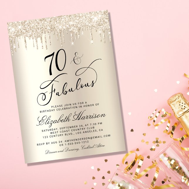 Convites festa de aniversário Glitter Dourada 70 Fabulosa (Celebrate her 70 years of sparkle with an elegant gold glitter birthday party invitation  🎉 🎂 🥂)