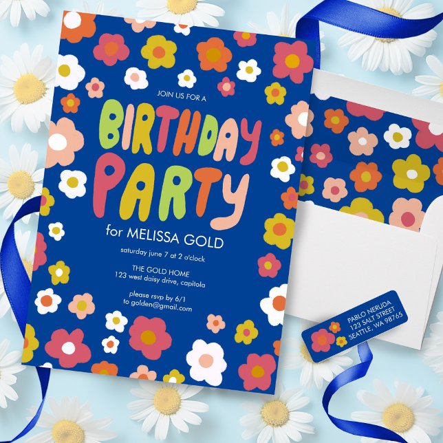 Convites FESTA DE ANIVERSÁRIO Groovy Daisies Floral PERSONA (Groovy daisy custom birthday party invitation, check my shop for matching thank you, envelopes, more)