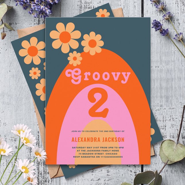 Convites Festa de Aniversário Groovy Two Retro 2º (Groovy two daisy arch 2nd birthday party invitation )