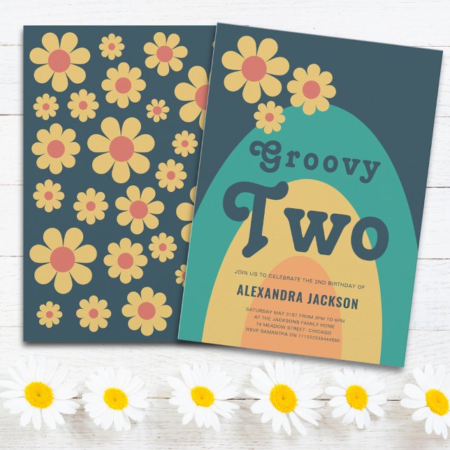 Convites Festa de Aniversário Groovy Two Retro Daisy (Groovy two retro boho 2nd birthday party invitation with hippie daisy arch)