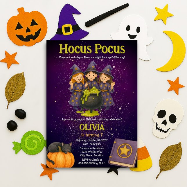 Convites Festa de Aniversário Hocus Pocus Halloween (Hocus Pocus kids birthday / Halloween party invitation front)