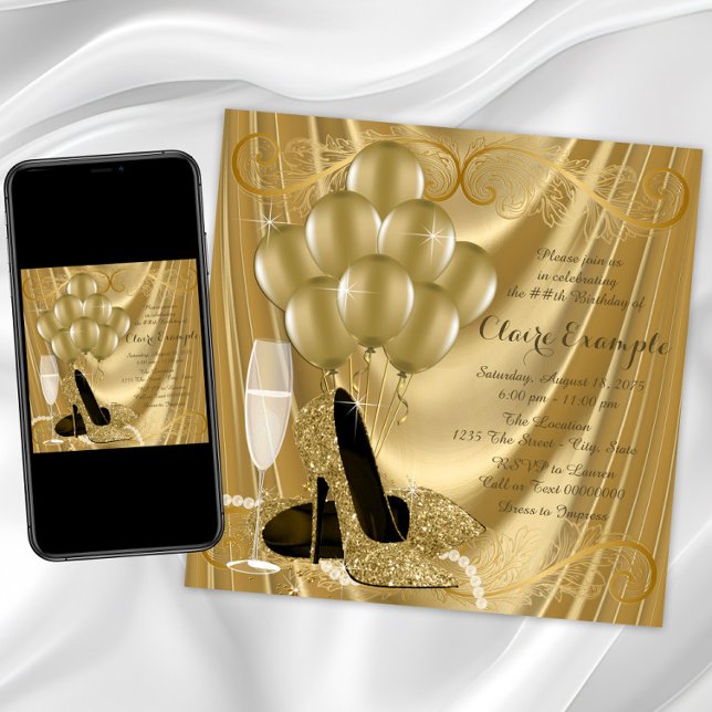 Convites Festa de Aniversário Hollywood Glamour Gold (Gold high heel shoe birthday invitation with gold shoes on a gold swirl background. Any event.)