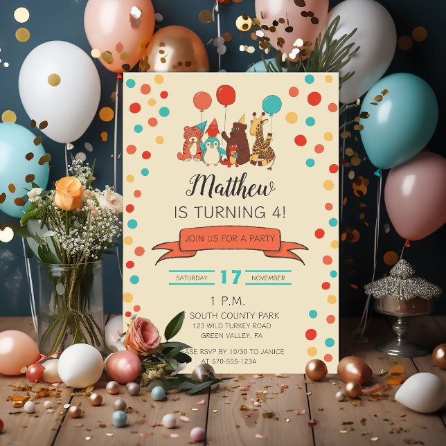 Convites Festa de Aniversário Infantil Animais e Pontos (Criador carregado)