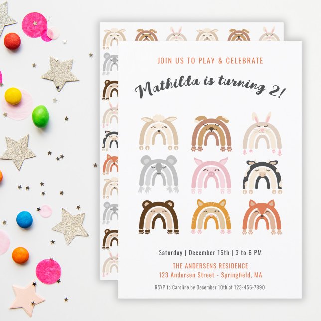Convites Festa de Aniversário Infantil Animais Fofos Arco-í (Rainbow Cute Animals Kids Birthday Party Invitation)