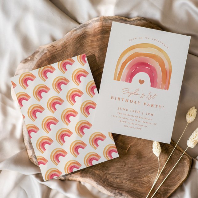 Convites Festa de Aniversário Infantil Boho Rainbow Terraco (Boho rainbow kids birthday party invitations.)