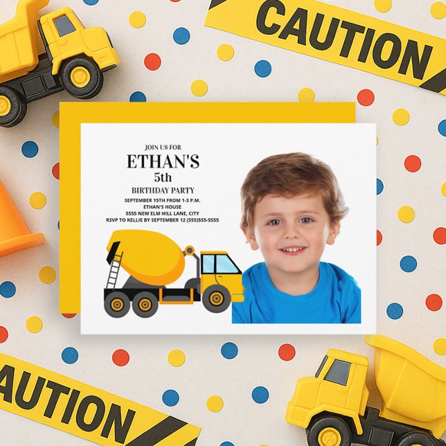 Convites Festa de Aniversário Infantil Caminhão de Cimento  (Construction birthday party photo invitation)