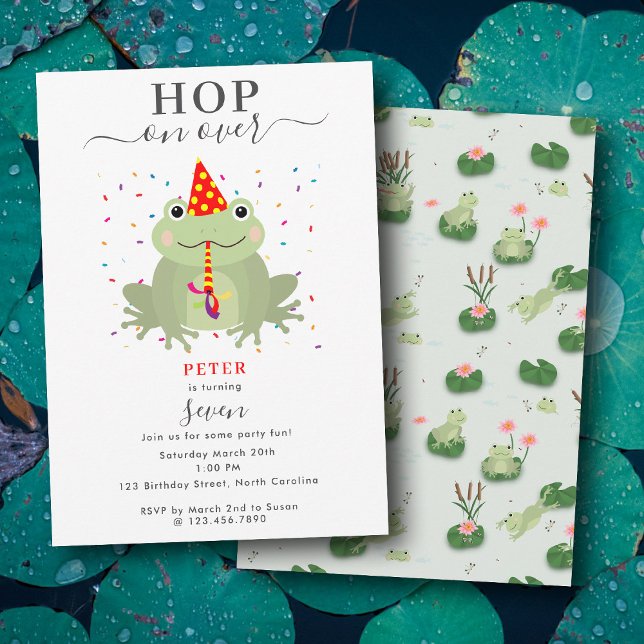 Convites Festa de Aniversário Infantil com Chapéu de Sapo A (Cute Frog Party Hat Hop On Over Kids Birthday Invitation)