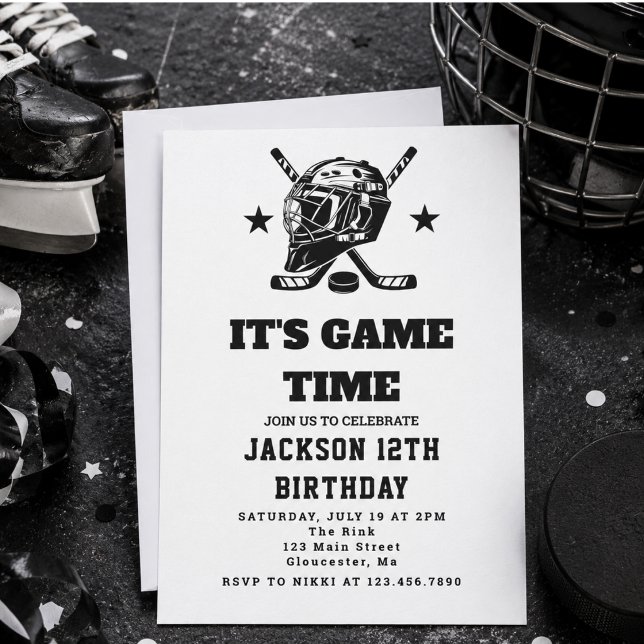 Convites Festa de Aniversário Infantil com Tema de Hóquei P (Hockey black and White Themed Kids Birthday Party Invitation)