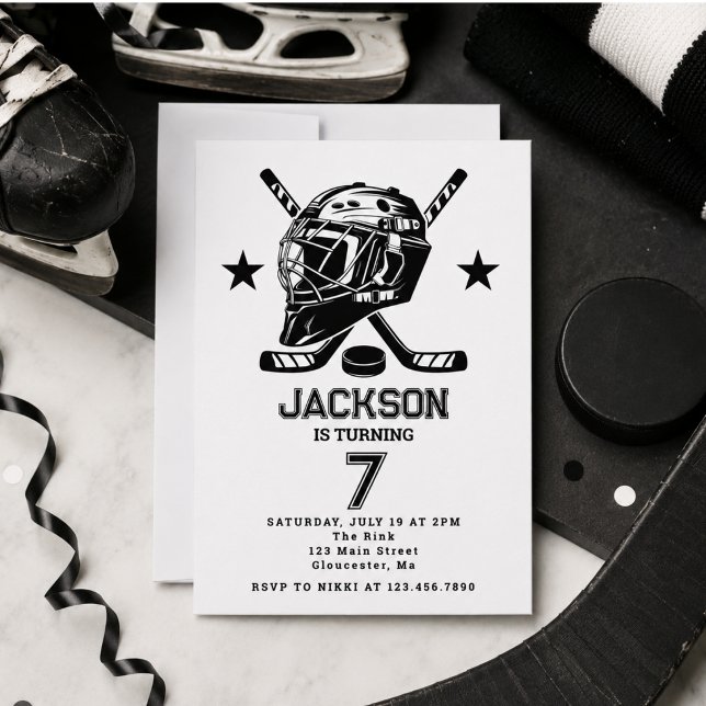 Convites Festa de Aniversário Infantil com Tema de Hóquei P (Hockey black and White Themed Kids Birthday Party Invitation)