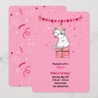 Convites Festa de Aniversário Infantil Gato Rosa