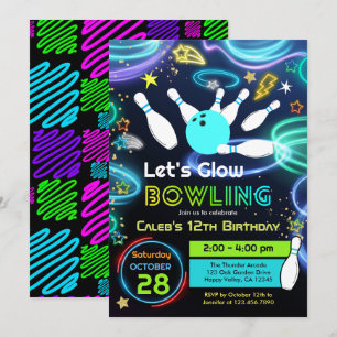 Convites Festa de Aniversário Infantil Glow Bowling Neon Co