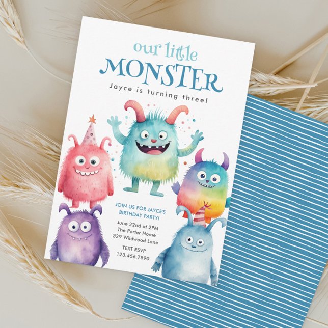 Convites Festa de Aniversário Infantil Little Monster (Cute little monster kids birthday party invitations.)