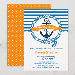 Convites Festa de Aniversário Infantil Náutica Azul e Laran
