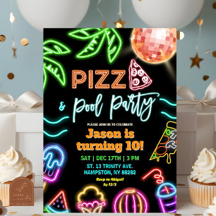 Convites Festa de Aniversário Infantil Neon Pizza Pool Part