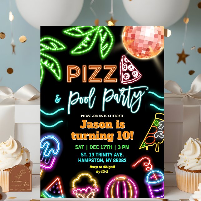 Convites Festa de Aniversário Infantil Neon Pizza Pool Part (Criador carregado)
