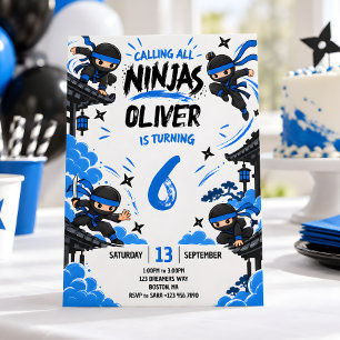 Convites Festa de Aniversário Infantil Ninja Azul e Preto p