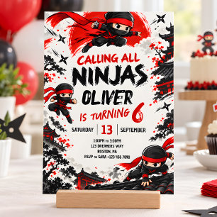 Convites Festa de Aniversário Infantil Ninja Vermelho e Pre