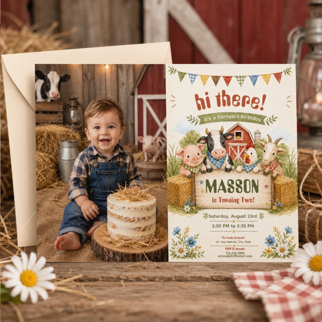 Convites Festa de aniversário infantil Rustic Barnyard 2 an (Rustic Barnyard 2nd Birthday kids Party photo Invitation
)