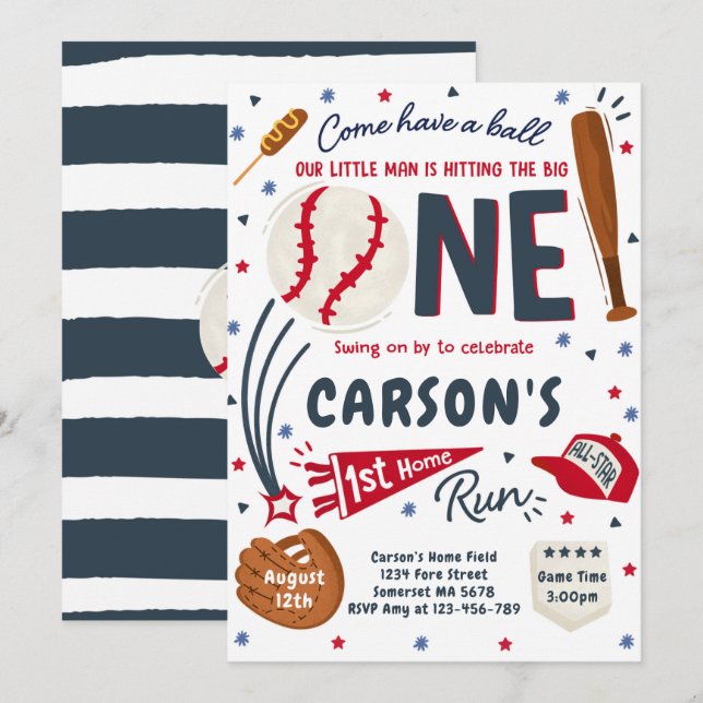 Convites Festa de aniversário inicial da rua Baseball 1 (Frente/Verso)