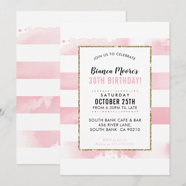 Convites FESTA DE ANIVERSÁRIO INVITE listra dourada cor-de- (Frente/Verso)