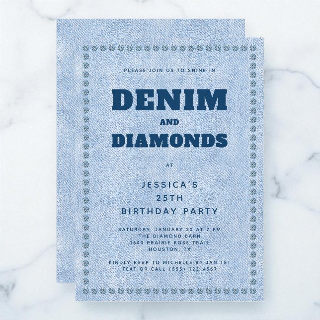 Convites Festa de aniversário Jeans azul de Denim e Diamant (Denim and Diamonds Blue Jeans 25th Birthday Party Invitation)