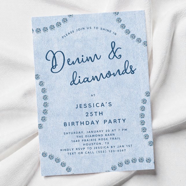 Convites Festa de aniversário Jeans azul Denim e Ouros (Blue Jeans Denim and Diamonds 25th Birthday Party Invitation)