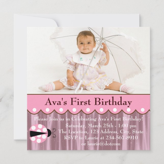 Convites Festa de aniversário Ladybug Rosa (Frente)