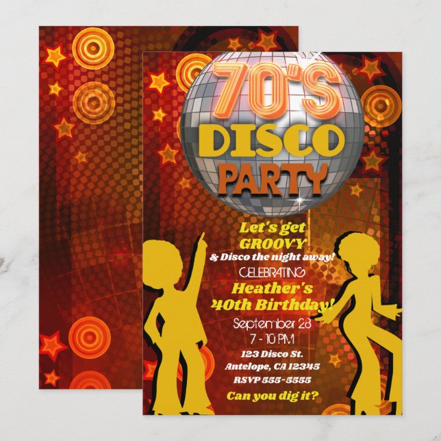 Convites Festa de Aniversário Laranja Disco dos Anos 70 (Frente/Verso)