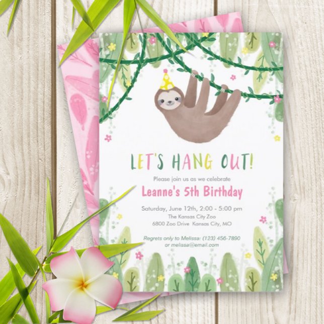 Convites Festa de aniversário Lenta em Rosa e Amarelo (Super fun sloth birthday invitation)