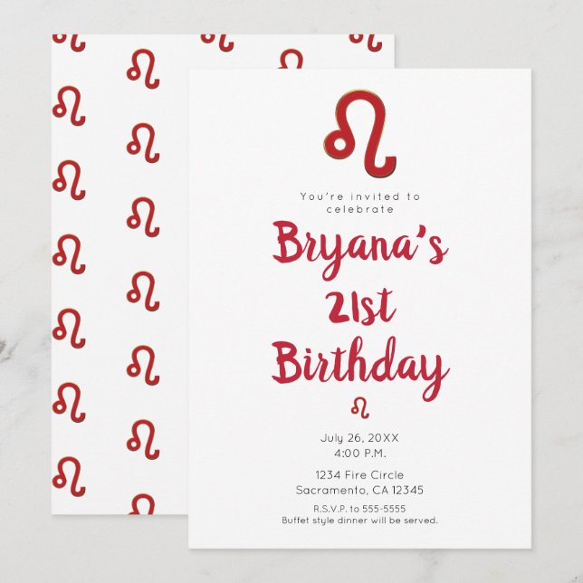 Convites Festa de Aniversário LEO Zodíaco Astrologia Julho  (Frente/Verso)