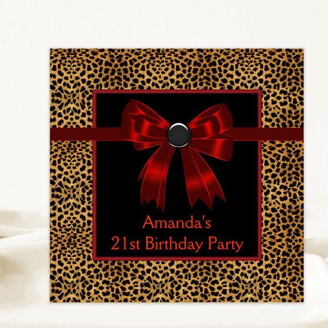 Convites Festa de aniversário-leopardo vermelho-legante (Any number or event elegant red bow leopard invitation. Simply add your text to the front and back.)