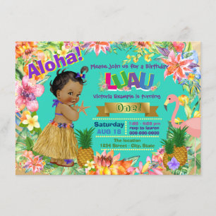 Convites Festa de Aniversário Luau Havaiano de Menina Afro-