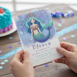 Convites Festa de Aniversário Mágica da Sereia Azul e Roxa