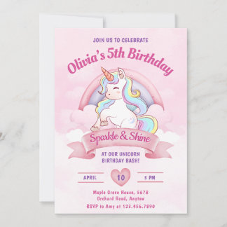 Convites Festa de aniversário Mágica Pastel Rainbow Unicorn