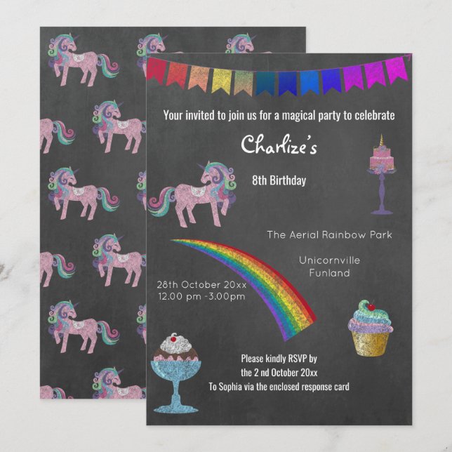 Convites Festa de aniversário Magical Chalkboard Unicorn Sw (Frente/Verso)