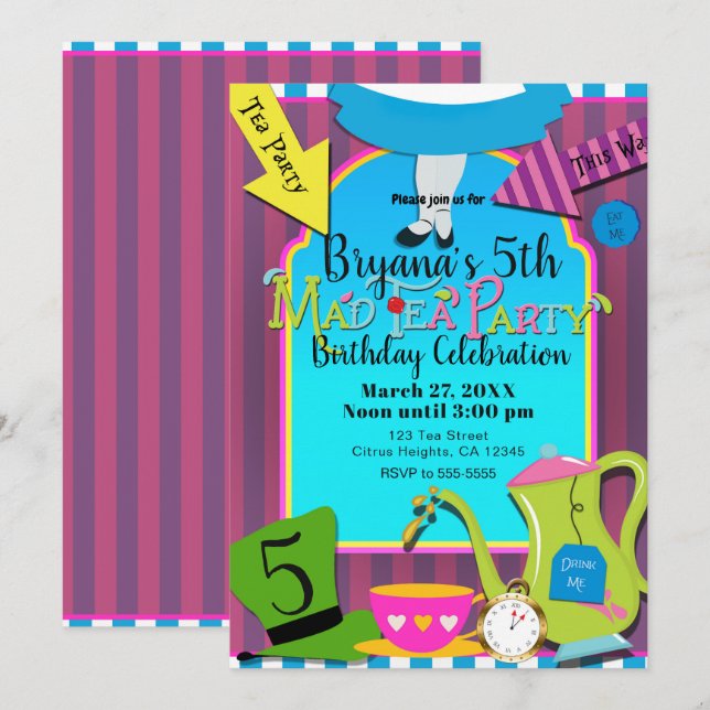 Convites Festa de Aniversário Maluca do Chá da Alice no Paí (Frente/Verso)