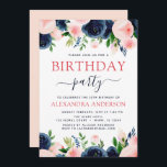 Convites Festa de aniversário Marinho Azul Cor-de-rosa azul<br><div class="desc">As Flores Florais Azuis e Rosa-Esbranquiçadas marinhos e Convites de festas de aniversários de Aquarela Verde incluem uma bela e elegante tipografia com modernas flores cor-de-rosa-pinceladas botânicas e azul-Marinho para as 16º,  18º,  21ruas,  30,  40º,  50º,  60º,  celebração de 70.</div>