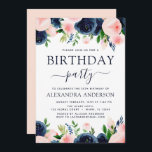 Convites Festa de aniversário Marinho Azul Cor-de-rosa azul<br><div class="desc">As Flores Florais Azuis e Rosa-Esbranquiçadas marinhos e Convites de festas de aniversários de Aquarela Verde incluem uma bela e elegante tipografia com modernas flores cor-de-rosa-pinceladas botânicas e azul-Marinho para as 16º,  18º,  21ruas,  30,  40º,  50º,  60º,  celebração de 70.</div>