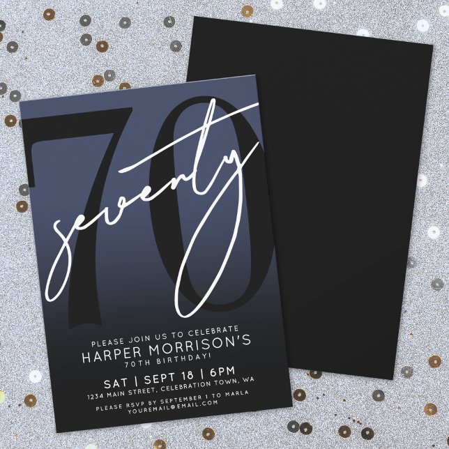 Convites Festa de aniversário Marinho azul Elegante (Elegant Navy Blue 70th Birthday Party Invitation)