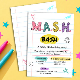 Convites Festa de Aniversário MASH Game 90 Retro MASH Bash