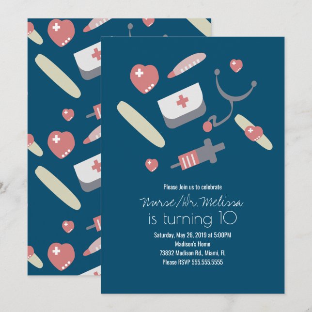 Convites Festa de aniversário Médica Padrão Médico Rosa (Frente/Verso)