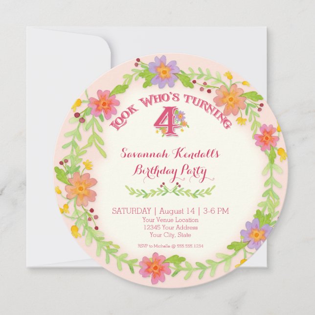 Convites Festa de Aniversário Menina 4 Anos, Floral Aquarel (Frente)