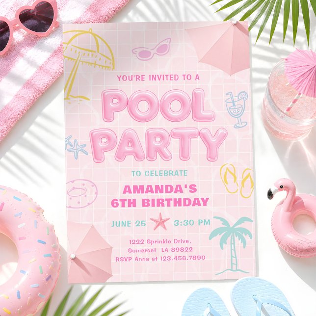 Convites Festa de Aniversário Menina Piscina Rosa Qualquer  (Criador carregado)
