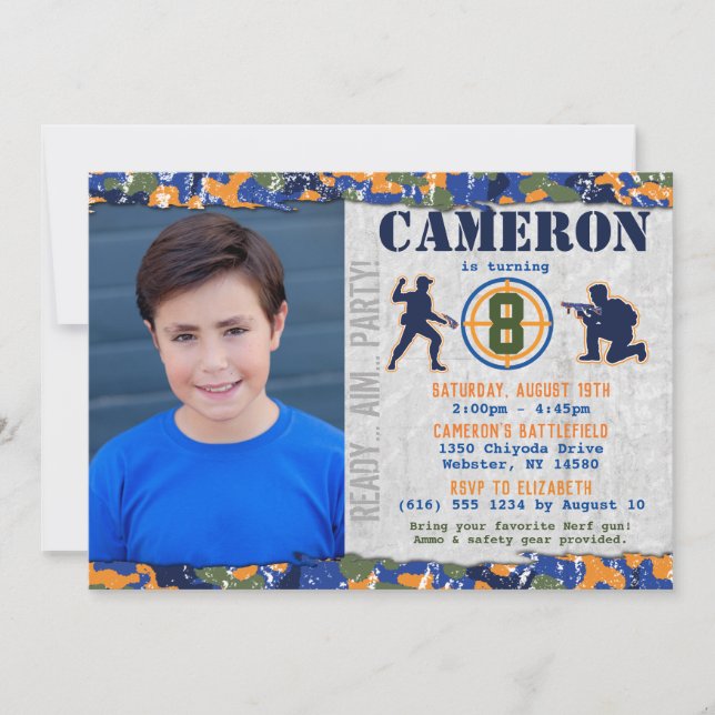 Convites Festa de Aniversário Militar com Foto em Camuflage (Frente)
