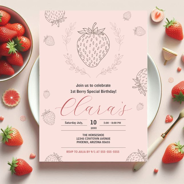 Convites Festa de aniversário Mínima de Morango Rosa Suave (Criador carregado)