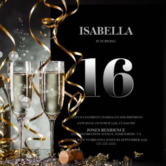 Convites Festa de aniversário Mínima Preta e Prata 16 (Criador carregado)