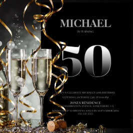 Convites Festa de aniversário Mínima Preta e Prata 50ª