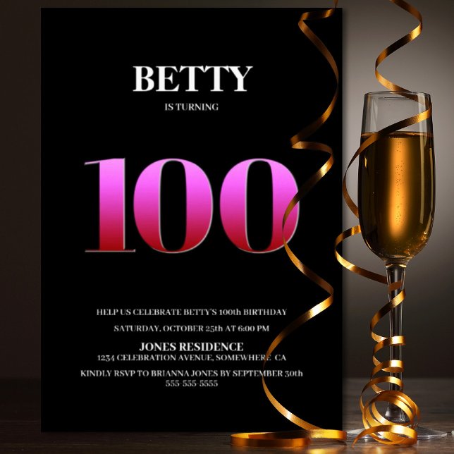 Convites Festa de aniversário Mínima Preta e Rosa 100 (Criador carregado)